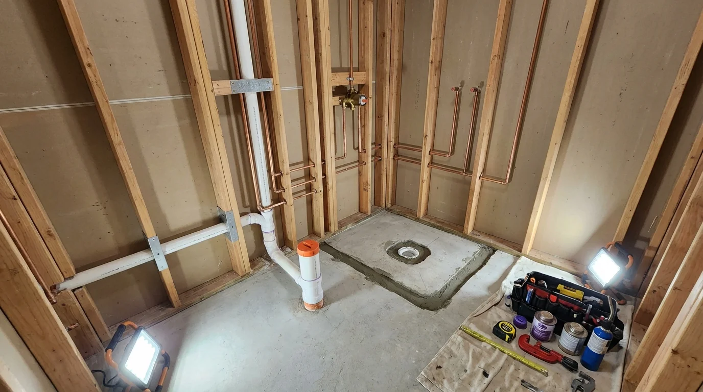 Bathroom rough-in plumbing during remodel by Johns Plumbing LLC in Ladera Ranch