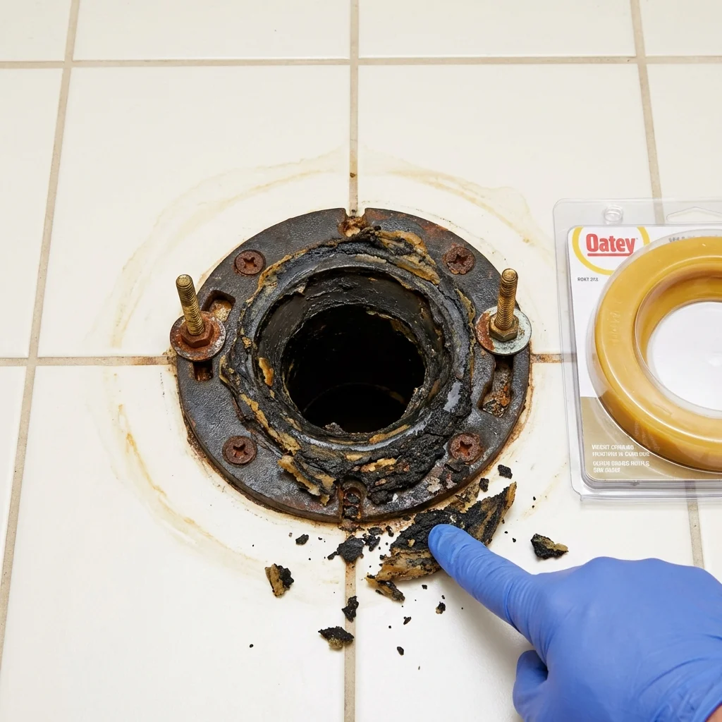 Failed wax ring showing water seepage at the base of a toilet in a Ladera Ranch, CA home